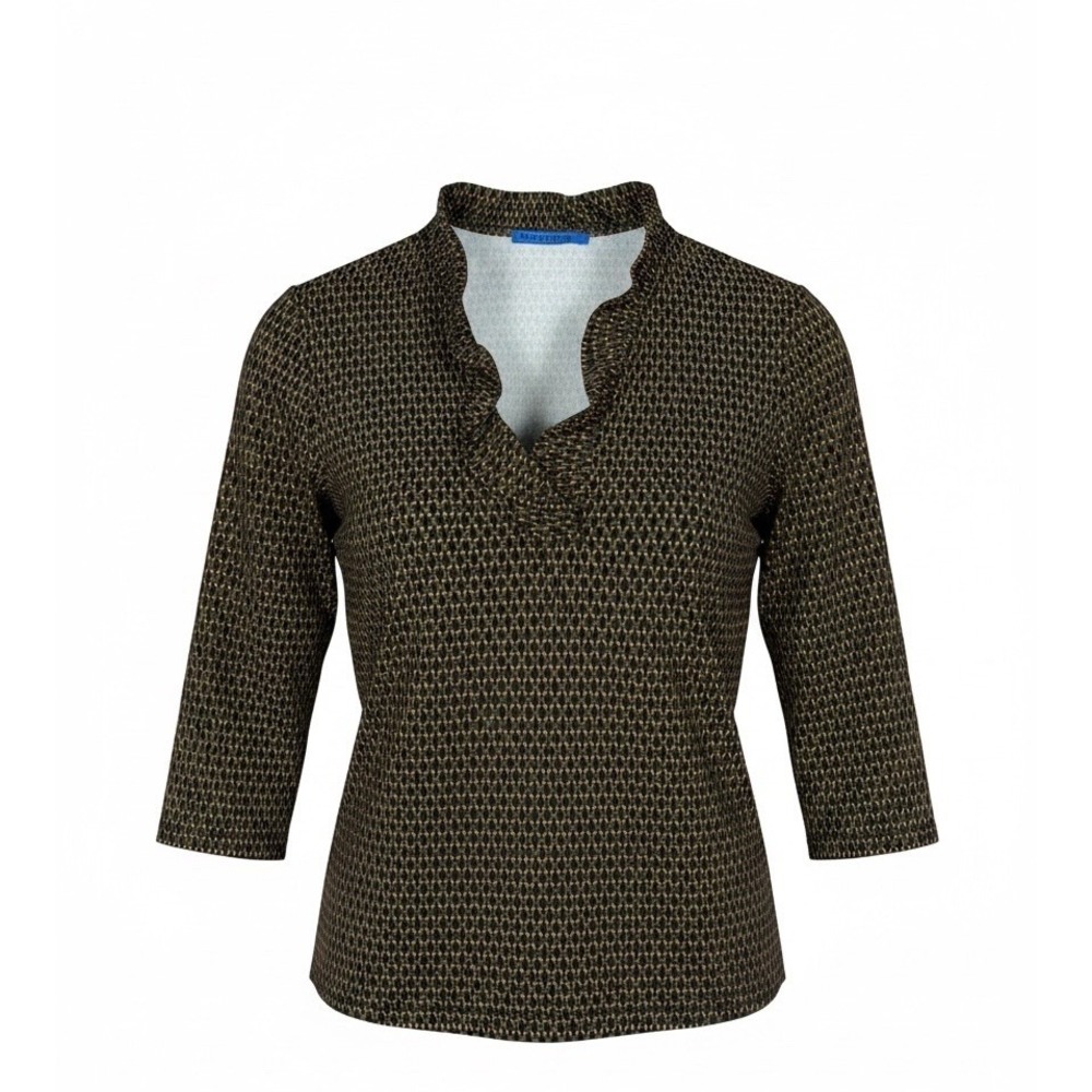 J McLaughlin Medium Catalina Cloth Top Ruffle Neck 3/4 Sleeve Brown Geometric